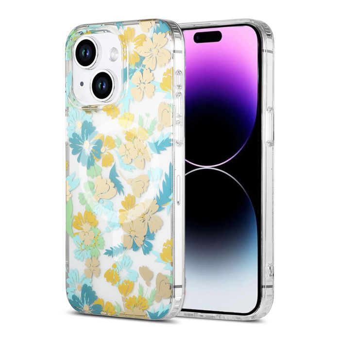 iPhone 15 Mobilskal MagSafe - Blommor Turkos- G-SP.se