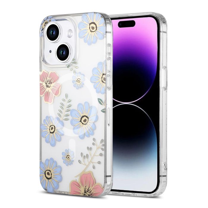 Mobilskal MagSafe för iPhone 13 och 14 - Blommor Röd-blå