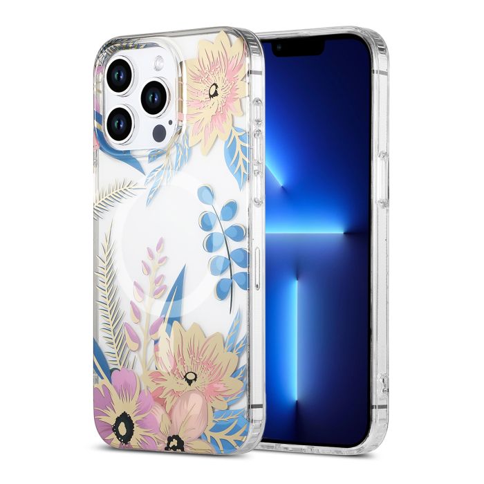 iPhone 13 Pro Mobilskal MagSafe - Blommor Rosa/Blå- G-SP.se