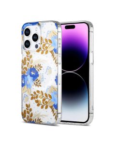 iPhone 15 Pro Mobilskal MagSafe - Blommor Blå/Guld