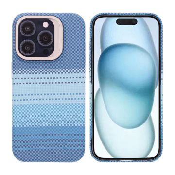 iPhone 15 Pro Skal med Magsafe och Utfällbart Stativ - Randig Blå