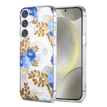 Samsung Galaxy S24 Mobilskal Magnet - Blommor Blå/Guld