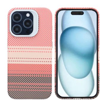 iPhone 15 Pro Skal med Magsafe och Utfällbart Stativ - Randig Orange